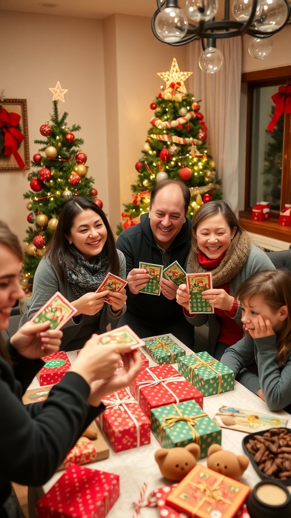 Fun Christmas Games with Prizes People enjoying Christmas games with a decorated tree and festive decorations.